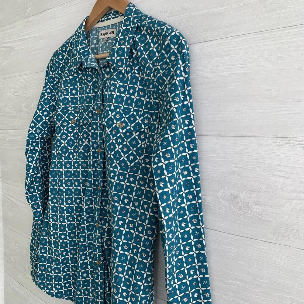 Rank 45 - Teal equestrian western tailored button up shirt, L - Picture 3 of 7